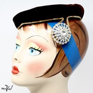 Vintage Brown Velvet Cocktail Hat 2" Rhinestone Accent Styled by Janet - Hey Viv